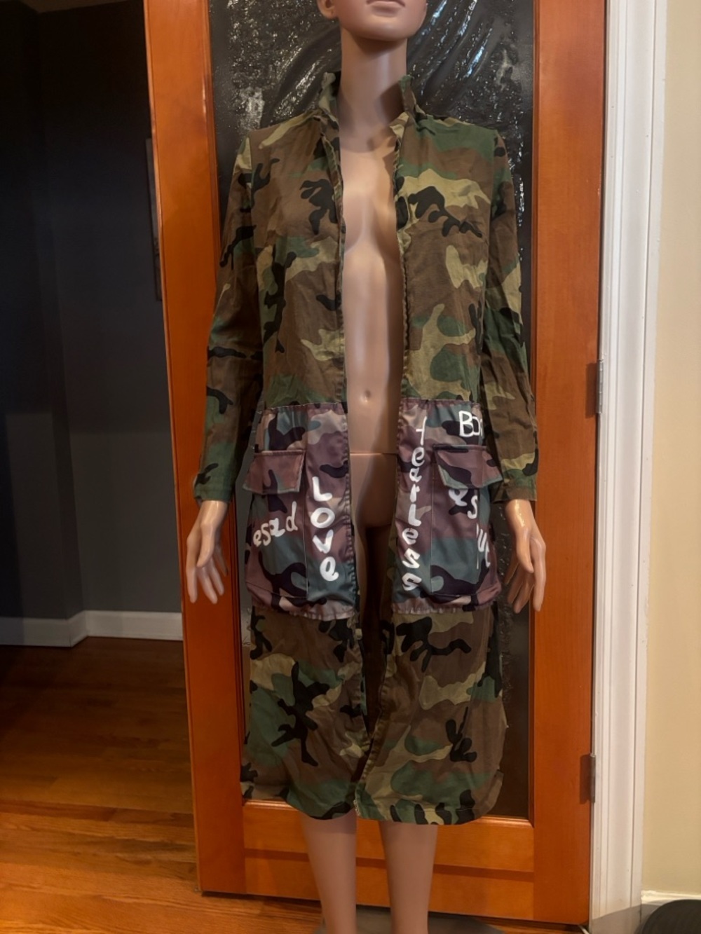 Camo Women's Camouflage Long Blazer Jacket with Graphic Pockets